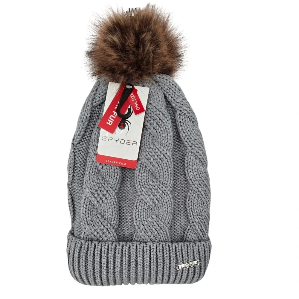 Spyder Womens Cable Knit Beanie Faux Fur Lined Pom Pom Hat Pewter‎ Grey OLSP982W